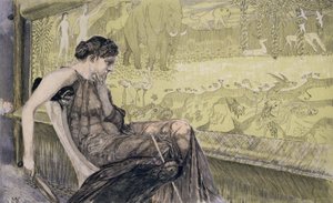 Pénelopé leplet sző apósának, Laertesnek, miközben férje, Odüsszeusz visszatérésére vár, 1895 (színes metszet)